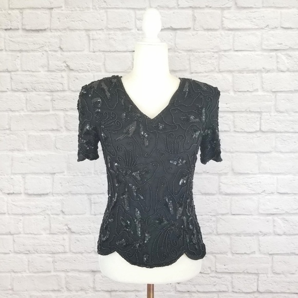 Adrianna Papell Boutique beaded back zipper vintage black top women's size PS - Picture 2 of 9